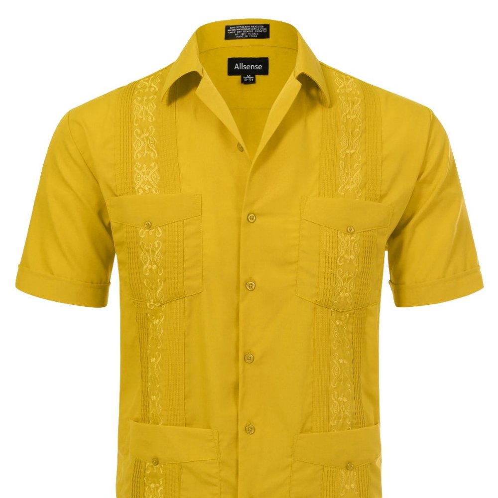 Men's Short Sleeve Cuban Guayabera Shirt Yellow